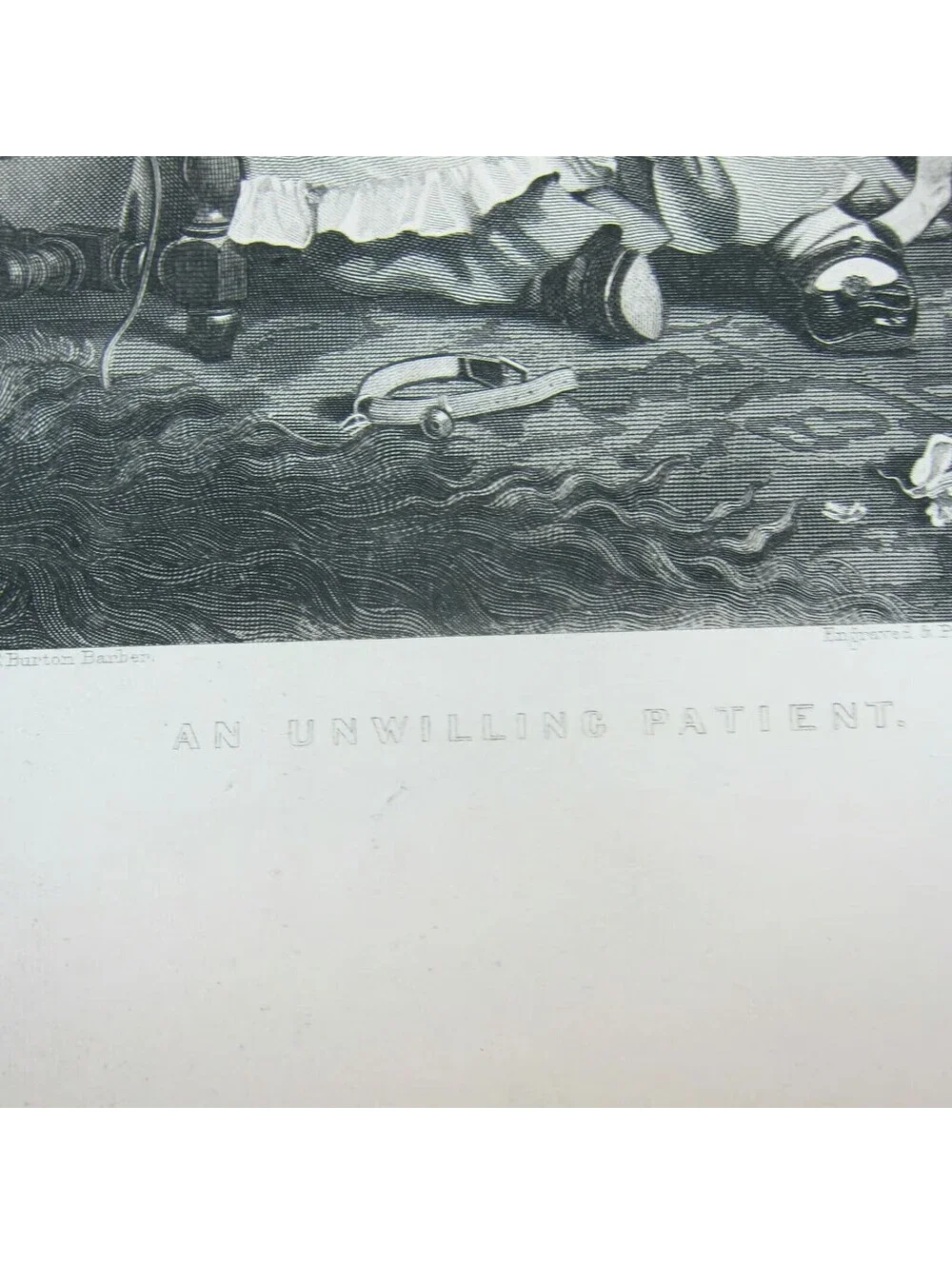Antique 1800s Victorian Engraving Print Little Girl & Dog Unwilling Participant